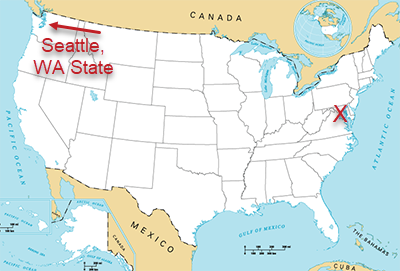 Contiguous United States and the location of Seattle, WA